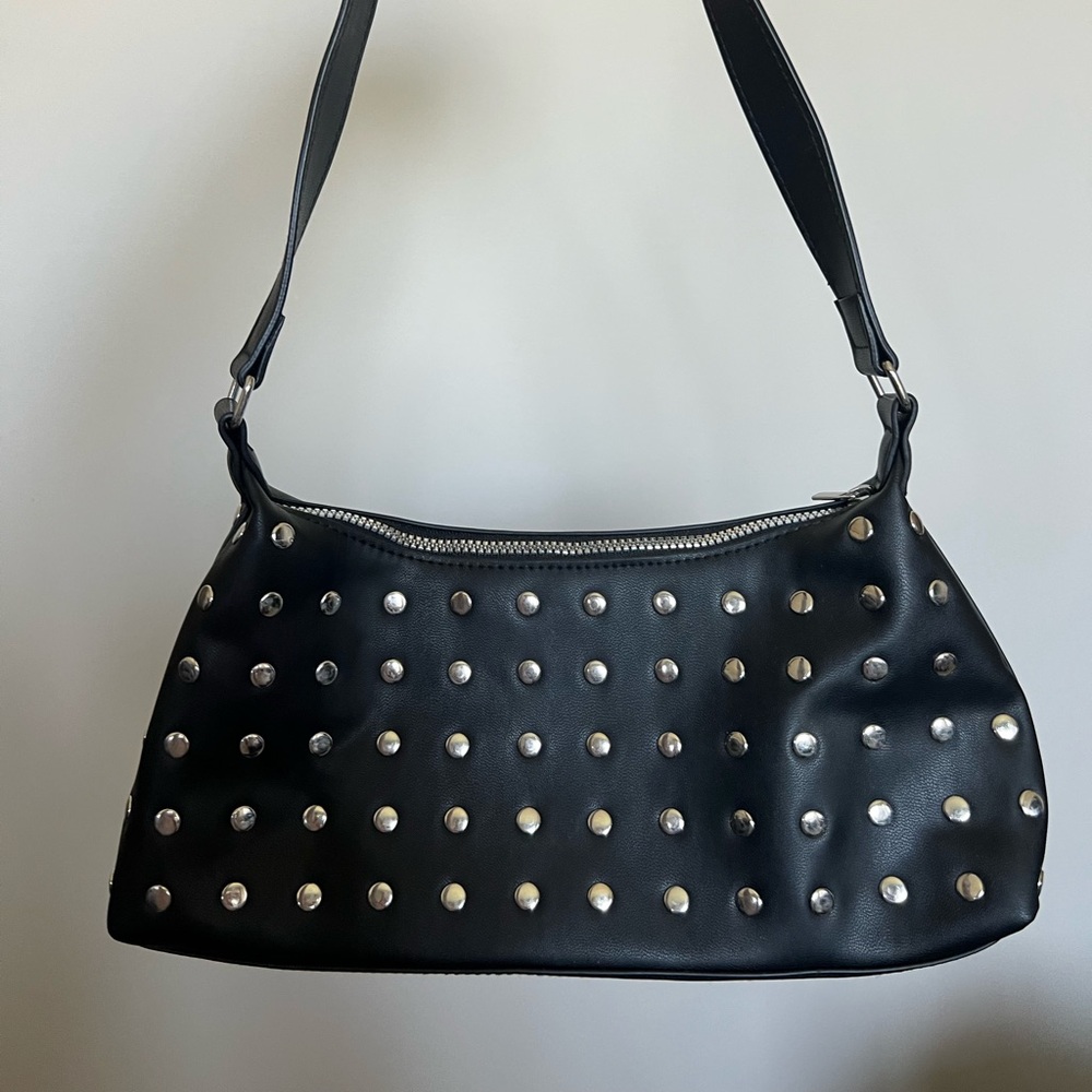 Zara Studded Black Leather Shoulder Bag